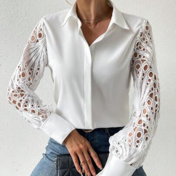 SHEIN Tops - SHEIN White Lace Sleeve Blouse